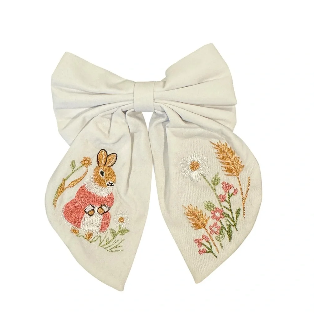 Embroidered Bunny‎ Kids Hair Bow - White
